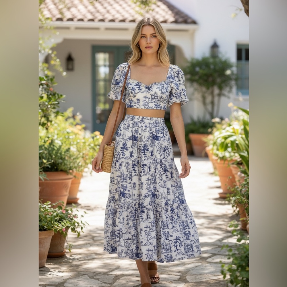 O.P.T Blue Toile Print Crop Top Puff Sleeve Skirt Set Cottagecore Small Anthro